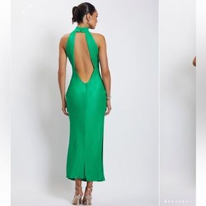 Meshki Claire Dress - Satin Drape Back Maxi Dress with Split in Green